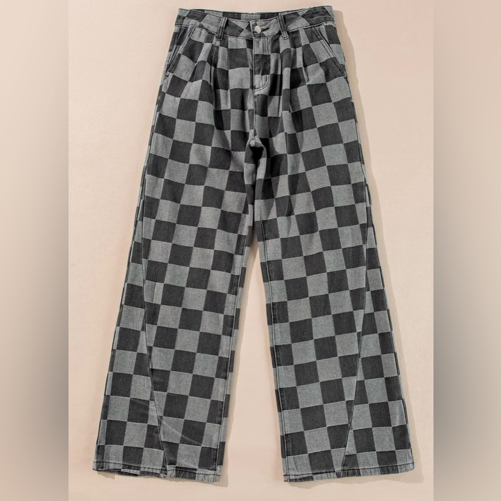 Checkerboard Wide Leg Pants Streetwear Skater Grunge Black Grey High Rise